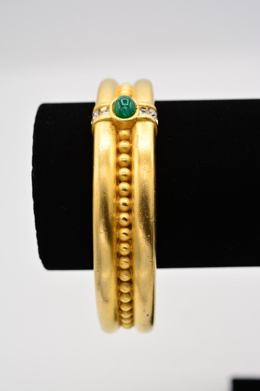 Givenchy Vintage Cabochon Bangle Bracelet Green Crystal Chunky Brushed Gold Bin6